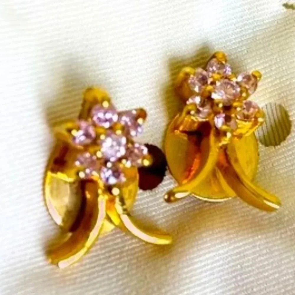 Unique Designer Goldplated Pink Zirconia Gemstone Floral Design Earring Set